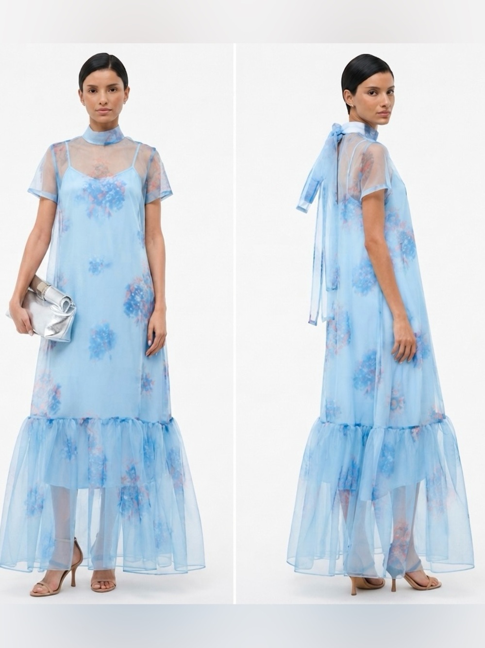 Nancy Yang Floral Blue Maxi Dress with Ruffle Hem